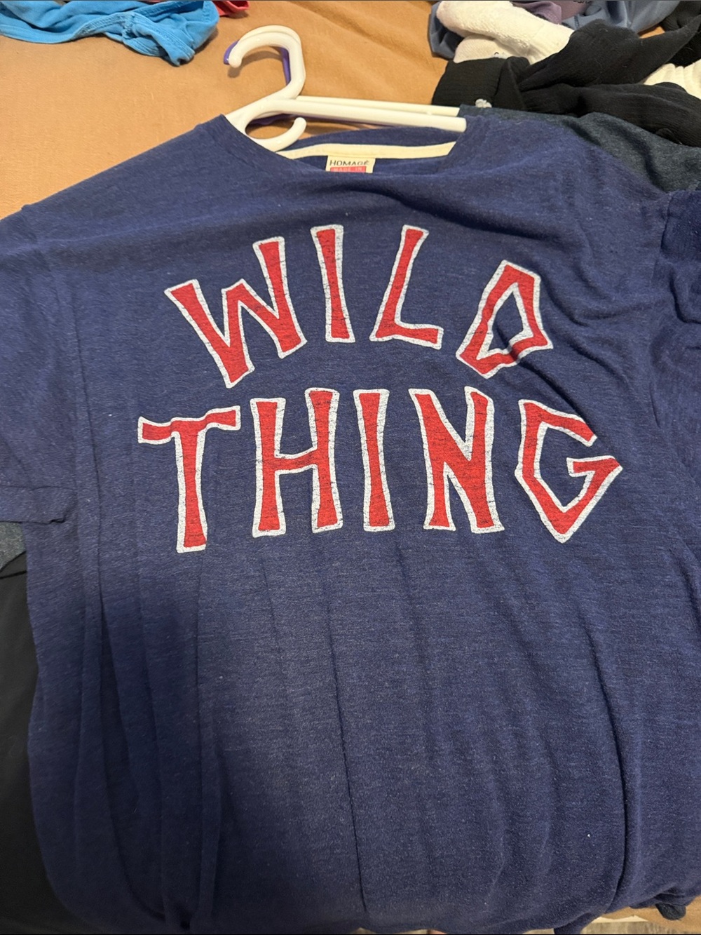 HOMAGE Major League Size L Navy Blue 'WILD THING' Graphic Tee with Red Letters